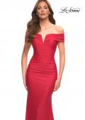 Picture of: Ruched Off the Shoulder Gown with V Neckline in Red, Detail Picture 5