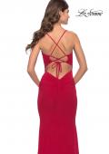 Picture of: Net Jersey Gown with Jeweled Detail in Deep V Neckline in Red, Style: 31114, Detail Picture 5
