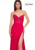 Picture of: Fitted Jersey Dress with Fishnet Rhinestone Illusion Bustier Top in Red, Style: 32230, Detail Picture 5