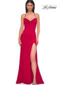 Picture of: Ruched Long Jersey Dress with Draped Rhinestone Neckline in Red , Style 32802, Detail Picture 5