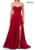 Picture of: Strapless Tiered Ruffle Gown with Pleated Bodice and Front Slit in Red, Style: 33202, Detail Picture 5