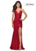 Picture of: Long Stretch Lace Prom Dress with Plunging Neckline in Red, Style: 28640, Detail Picture 6