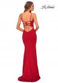 Picture of: Jersey Prom Gown with Lace Up Back and Slit in Red, Style: 28653, Detail Picture 6