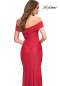 Picture of: Ruched Off the Shoulder Gown with V Neckline in Red, Detail Picture 6