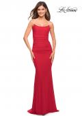 Picture of: Net Jersey Long Dress with Ruching and Diamond Straps in Red, Style: 30701, Detail Picture 6