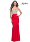 Picture of: Ruched Gown with Rhinestone Bodice and Side Cut Outs in Red, Style: 31606, Detail Picture 6