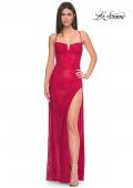 Picture of: Fishnet Rhinestone Prom Dress with Bustier Top and High Slit in Red, Style: 32210, Detail Picture 6