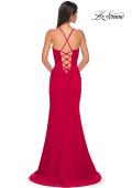 Picture of: Ruched Long Jersey Dress with Draped Rhinestone Neckline in Red , Style 32802, Detail Picture 6
