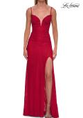 Picture of: Fitted Lace Gown with Plunging Neckline, Ruching, and High Slit in Red, Style: 33293, Detail Picture 6