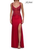 Picture of: Rhinestone Lace Corset Gown with Slit and Crisscross Lace-Up Back in Red, Style: 33769, Detail Picture 6