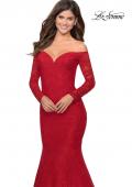 Picture of: Off the Shoulder Lace Long Sleeve Prom Dress in Red, Style: 28569, Detail Picture 7