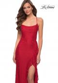 Picture of: Stretch Lace Dress with Ruffle Skirt Detail and Slit in Red, Style 29650, Detail Picture 7