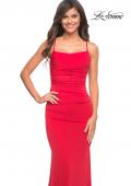 Picture of: Ruched Net Jersey Gown with Square Neckline in Red, Style: 30493, Detail Picture 7