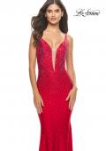 Picture of: Bedazzled Rhinestone Jersey Gown with Deep V Neckline in Red, Style: 31215, Detail Picture 7