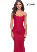 Picture of: Intricate Lace Up Back Jersey Gown with Ruching in Red, Style: 31330, Detail Picture 7