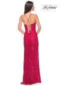 Picture of: Fishnet Rhinestone Prom Dress with Bustier Top and High Slit in Red, Style: 32210, Detail Picture 7