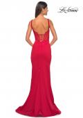 Picture of: Mermaid Jersey Gown with Bustier Top and Lace Up Back in Red, Style: 32268, Detail Picture 7
