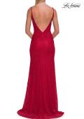 Picture of: Fitted Lace Gown with Plunging Neckline, Ruching, and High Slit in Red, Style: 33293, Detail Picture 7