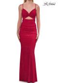 Picture of: Ruched Rhinestone Fitted Gown with Cutout Bodice and Lace-Up Back in Red, Style: 33338, Detail Picture 7