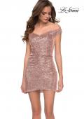 Picture of: Off the Shoulder Ruched Sequin Homecoming Dress in Rose Gold, Style: 29277, Detail Picture 2