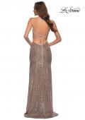 Picture of: Lace Up Back Sequin Gown with Flare Skirt in Rose Gold, Style 29741, Back Picture