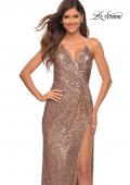 Picture of: Draped Slit Long Sequin Gown with Lace Up Back in Rose Gold, Detail Picture 1