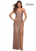 Picture of: Draped Slit Long Sequin Gown with Lace Up Back in Rose Gold, Detail Picture 4