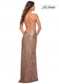 Picture of: Draped Slit Long Sequin Gown with Lace Up Back in Rose Gold, Detail Picture 5
