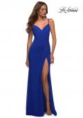 Picture of: Net Jersey Long Ruched Gown with Slit and Open Back in Royal Blue, Detail Picture 1
