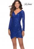 Picture of: Long Sleeve Sequin Dress with Ruching and Open Back in Royal Blue, Style: 30951, Detail Picture 1