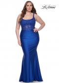 Picture of: Ruched Jersey Plus Dress with Illusion Lace Bodice and Tie Back in Royal Blue, Style: 31273, Main Picture