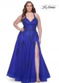 Picture of: A-Line Tulle Plus Dress with Lace Applique and Tie Back in Royal Blue, Style: 31378, Main Picture