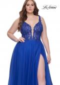 Picture of: Deep V Plus Size Tulle Dress with Lace Illusion Bodice in Royal Blue, Style: 31394, Detail Picture 13