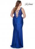 Picture of: Ruched Jersey Plus Dress with Illusion Lace Bodice and Tie Back in Royal Blue, Style: 31273, Back Picture