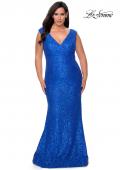 Picture of: Curvy Stretch Lace Dress with V-Neck and Rhinestones in Royal Blue, Style: 28837, Detail Picture 1