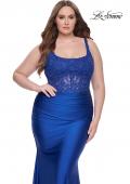 Picture of: Ruched Jersey Plus Dress with Illusion Lace Bodice and Tie Back in Royal Blue, Style: 31273, Detail Picture 3