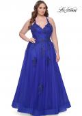 Picture of: A-Line Tulle Plus Dress with Lace Applique and Tie Back in Royal Blue, Style: 31378, Detail Picture 3