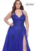 Picture of: A-Line Tulle Plus Dress with Lace Applique and Tie Back in Royal Blue, Style: 31378, Detail Picture 4
