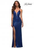 Picture of: Sequin Gown with Deep V Neckline and Lace Up Back in Royal Blue, Main Picture