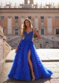 Picture of: Ruffle Tulle Prom Gown with Illusion Lace Bodice and High Slit in Royal Blue, Style: 32128, Main Picture