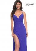 Picture of: Ruched Rhinestone Net Jersey Dress with Lace Up Open Back in Blue, Style: 32318, Main Picture