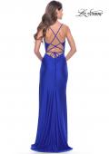 Picture of: Fringe Beaded Slit Jersey Gown with Lace Up Back in Royal Blue, Style: 31326, Detail Picture 8