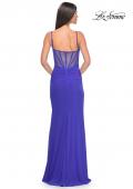 Picture of: Net Jersey Ruched Fitted Dress with Illusion and Boning on Back in Royal Blue, Style: 32160, Detail Picture 8