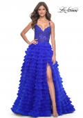 Picture of: Ruffle Tulle Prom Gown with Illusion Lace Bodice and High Slit in Royal Blue, Style: 32128, Detail Picture 9