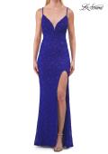 Picture of: Rhinestone Lace Fitted Gown with High Slit and Open Back in Royal Blue, Style: 33512, Detail Picture 9