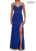 Picture of: Lace Bodice Gown with Ruched Skirt and High Slit in Royal Blue, Style: 33661, Detail Picture 9