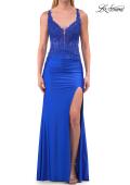 Picture of: Rhinestone Lace Corset Gown with Slit and Crisscross Lace-Up Back in Royal Blue, Style: 33769, Detail Picture 9