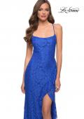 Picture of: Stretch Lace Dress with Ruffle Skirt Detail and Slit in Royal Blue, Style 29650, Detail Picture 10