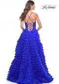 Picture of: Ruffle Tulle Prom Gown with Illusion Lace Bodice and High Slit in Royal Blue, Style: 32128, Detail Picture 10