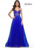 Picture of: A-Line Tulle Gown with High Slit and Illusion Rhinestone Fishnet Bodice in Royal Blue, Style: 32135, Detail Picture 11